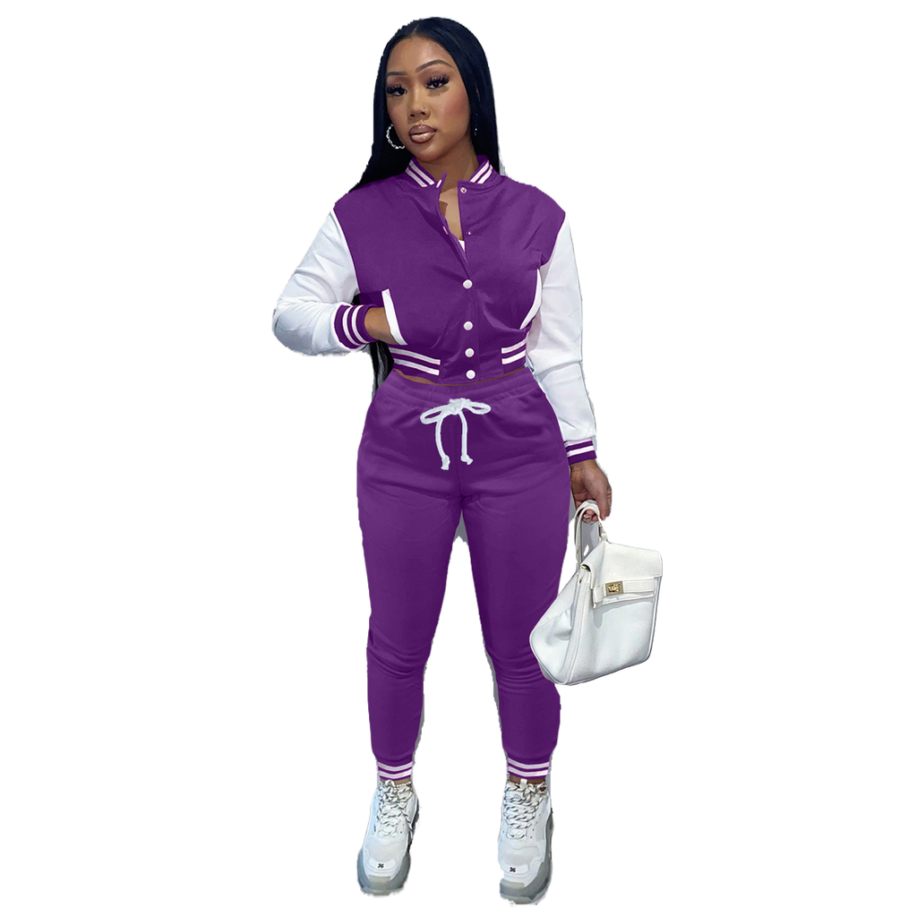 Women's Stitching Baseball Jacket Two-Piece Sports Suit