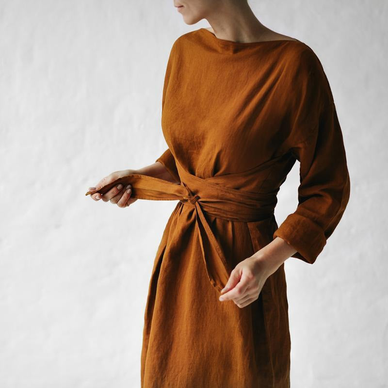 Audrey Hepburn Style Round Neck Puff Sleeve Maxi Dress Belted