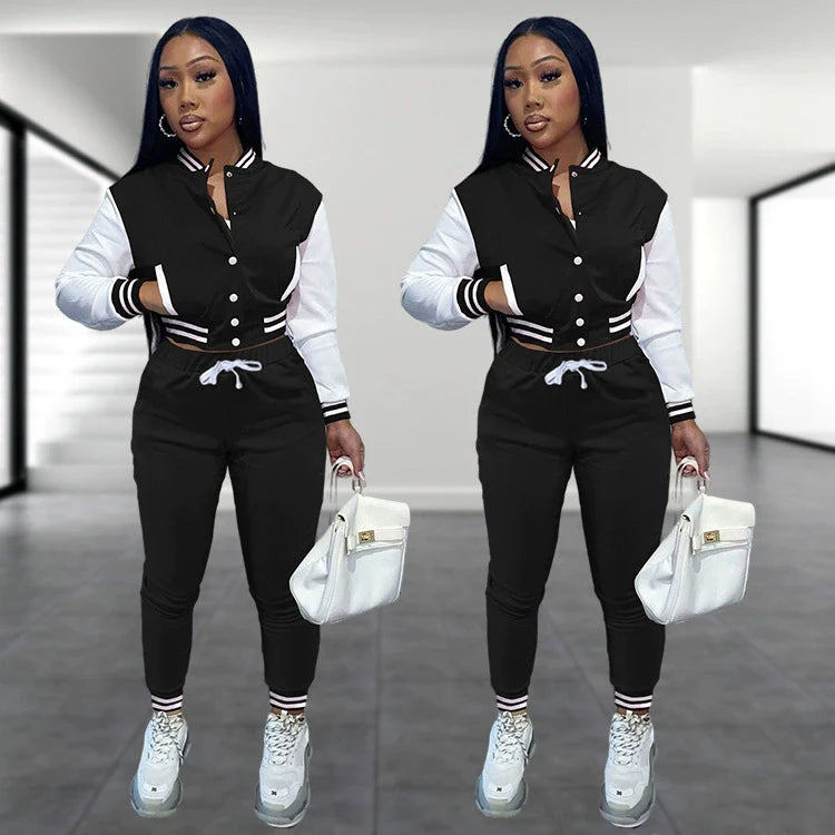 Women's Stitching Baseball Jacket Two-Piece Sports Suit
