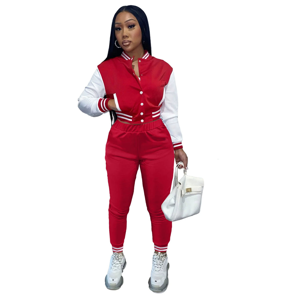 Women's Stitching Baseball Jacket Two-Piece Sports Suit