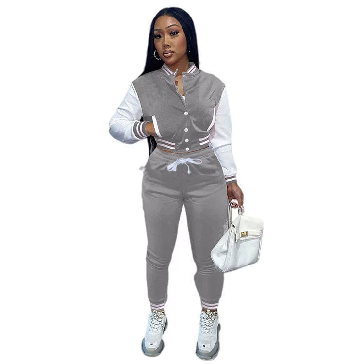 Women's Stitching Baseball Jacket Two-Piece Sports Suit