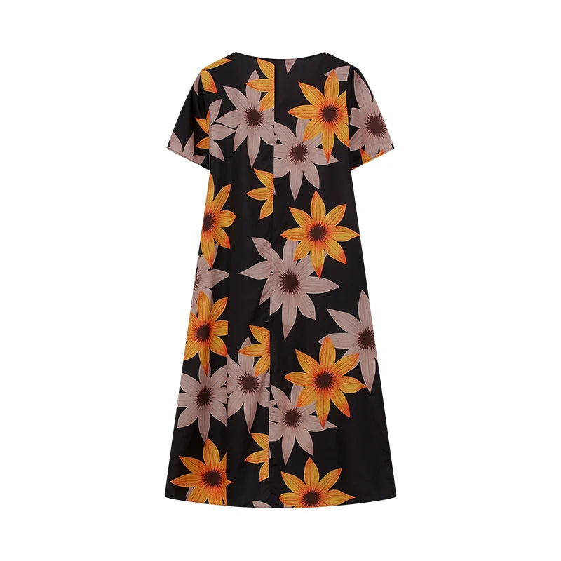 Elegant Swing Dress Round Neck Short Sleeve Printed