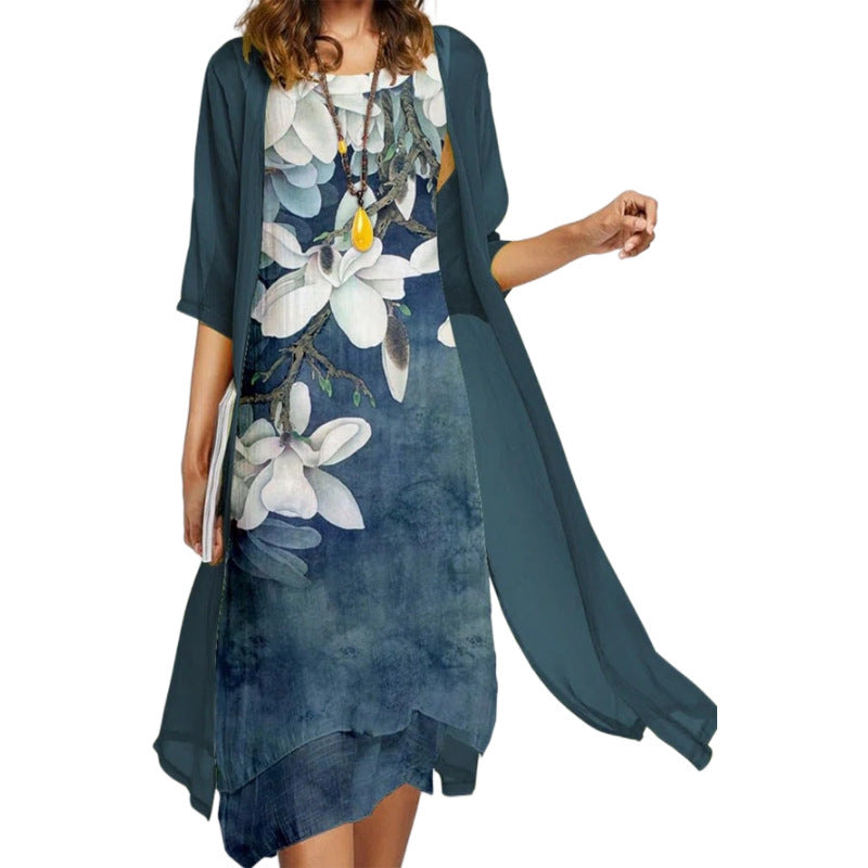 Printed Round Neck Two Piece Dress Set for Women Casual