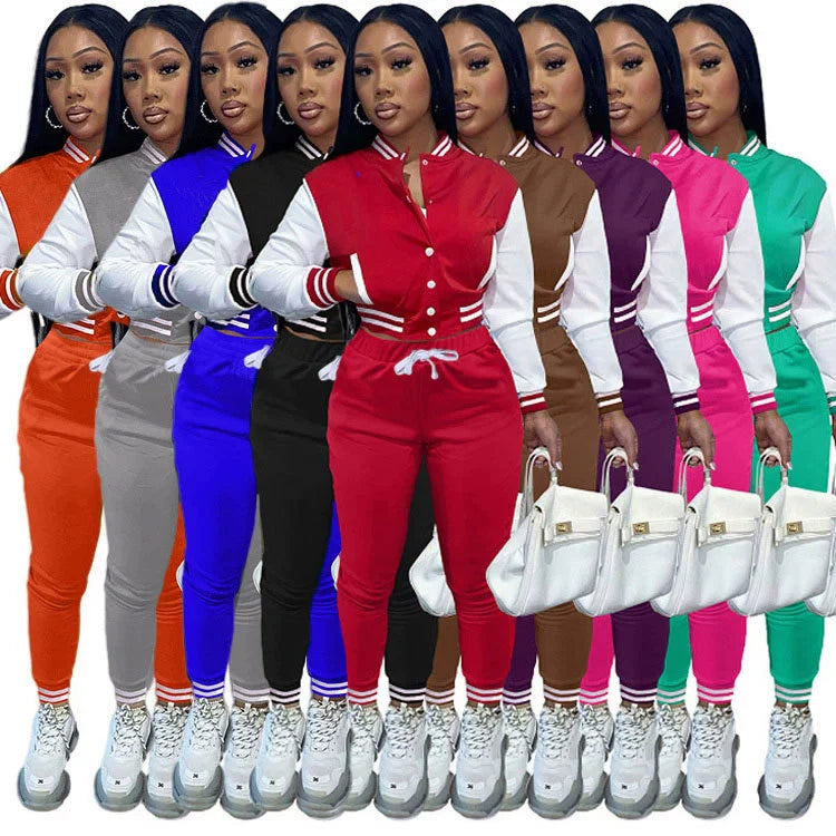 Women's Stitching Baseball Jacket Two-Piece Sports Suit