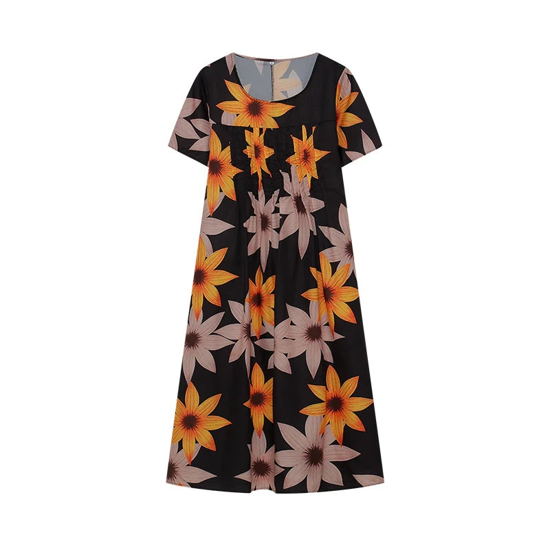 Elegant Swing Dress Round Neck Short Sleeve Printed