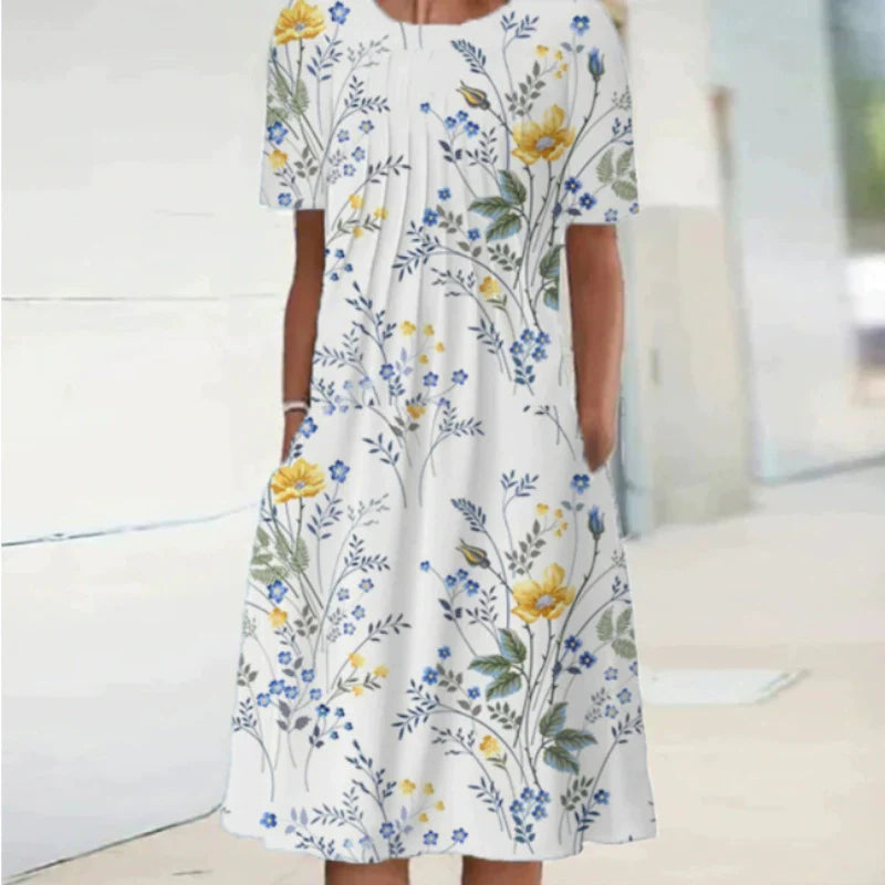 Elegant Swing Dress Round Neck Short Sleeve Printed
