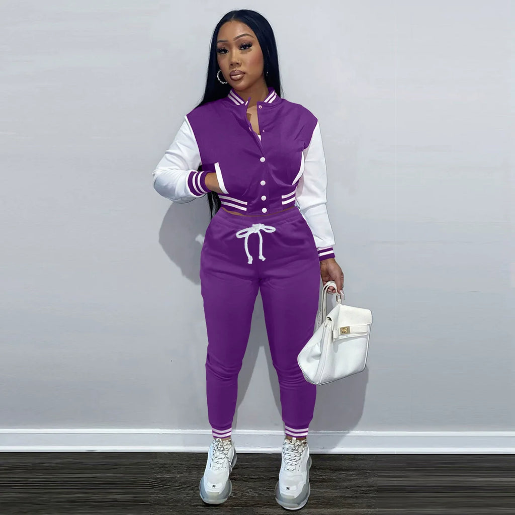 Women's Stitching Baseball Jacket Two-Piece Sports Suit