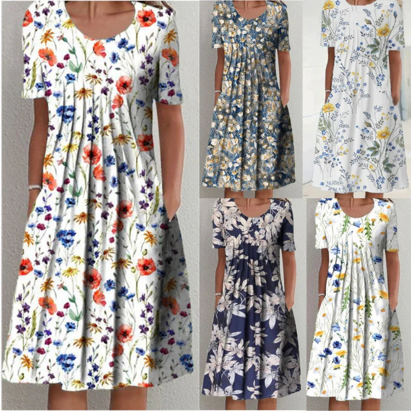 Elegant Swing Dress Round Neck Short Sleeve Printed