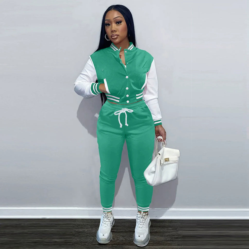 Women's Stitching Baseball Jacket Two-Piece Sports Suit