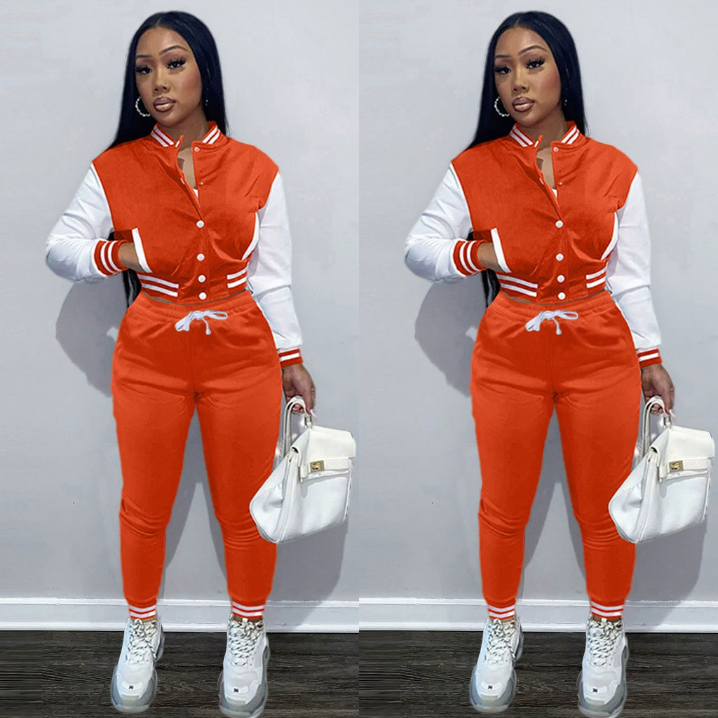 Women's Stitching Baseball Jacket Two-Piece Sports Suit