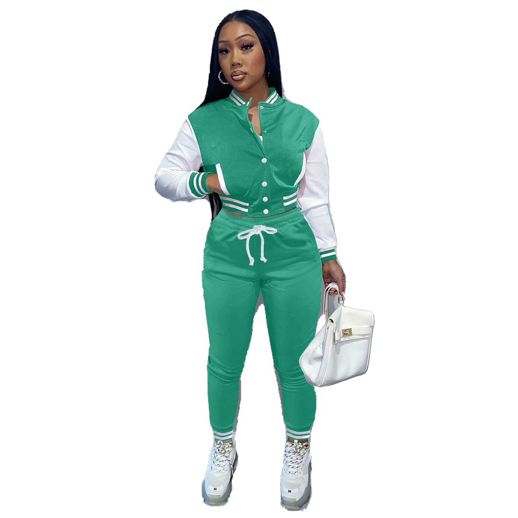 Women's Stitching Baseball Jacket Two-Piece Sports Suit