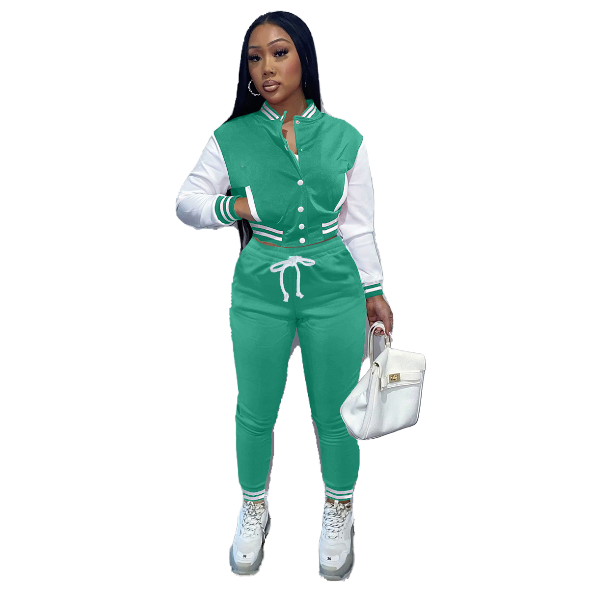 Women's Stitching Baseball Jacket Two-Piece Sports Suit