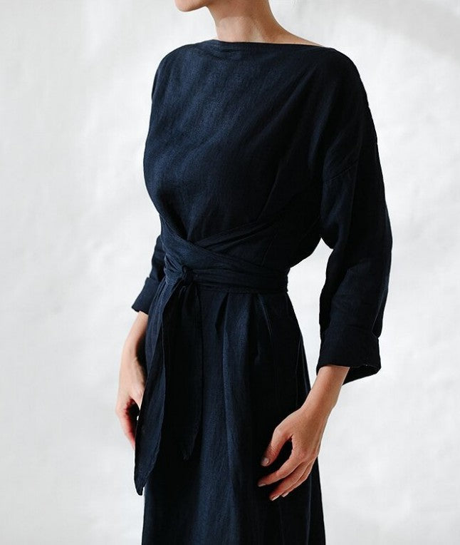 Audrey Hepburn Style Round Neck Puff Sleeve Maxi Dress Belted