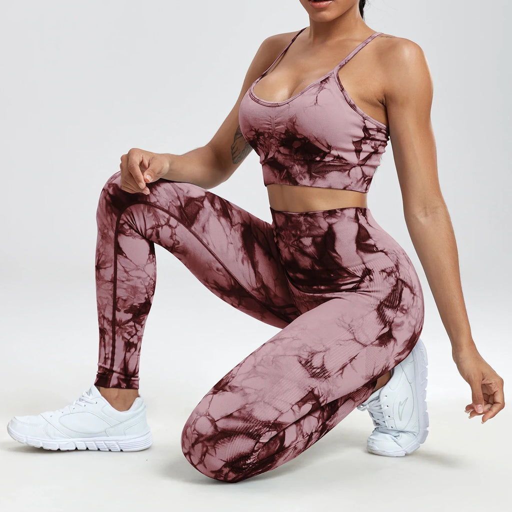 1/2/3PCS Tie Dye Seamless Women's High Waist Activewear Sets Stretch Sport Pants and Y2K Print Crop Tops for Running and Autumn Fitness