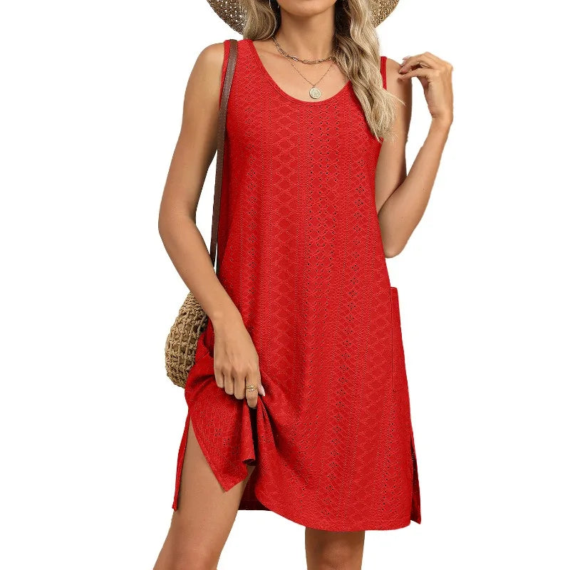Loose Sleeveless Dress With Pockets Round Neck Solid Color
