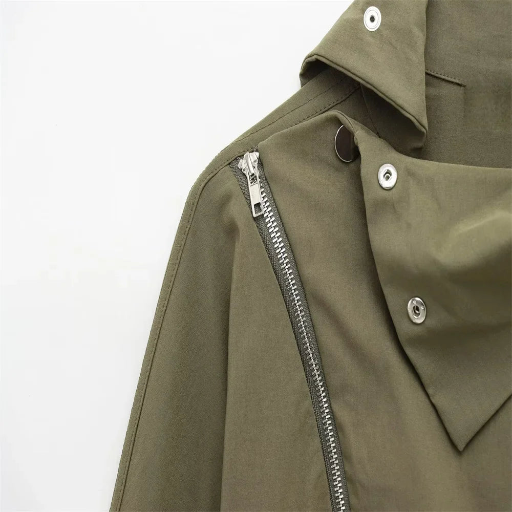 Olive Green Cowl Neck Asymmetric Zip Jacket with Elastic Waist Wide Leg Cargo Pants Set for Trendy Women's Fashion