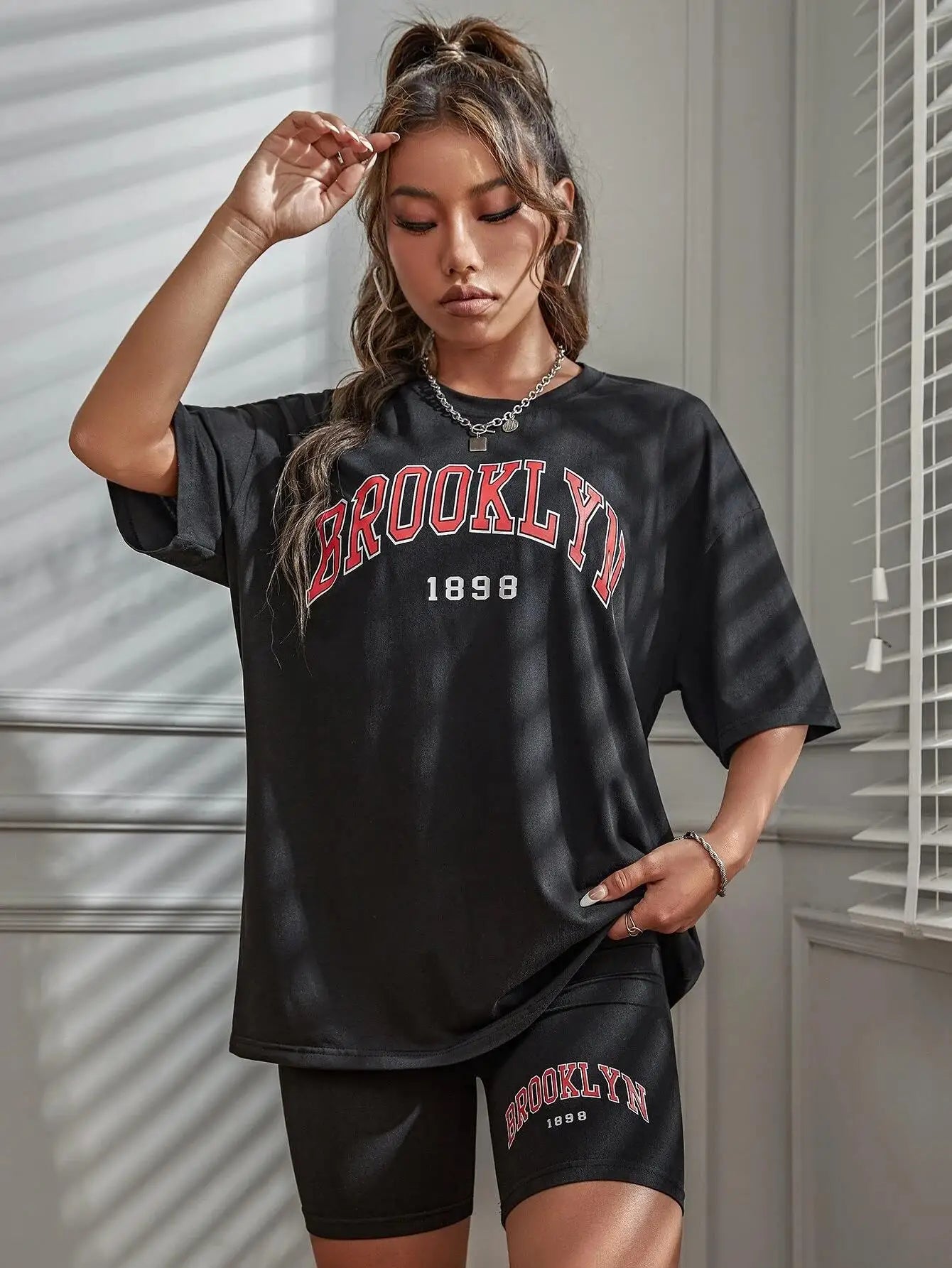 Brooklyn 1898 New York City Letter Graphic Cotton T-Shirt and Oversized Shorts Two-Piece Summer Casual Set for Women S-XL