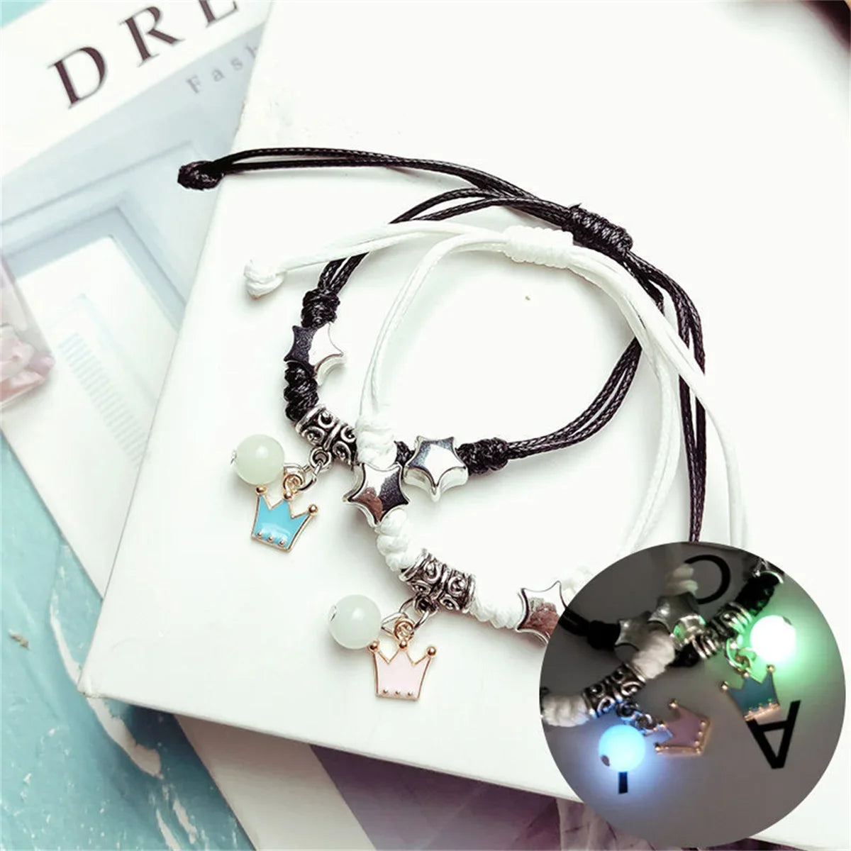 Luminous Beads Star Couple Bracelet for Women and Men Matching Friendship Jewelry with Cat Flower Heart Key Lock Cross Charms