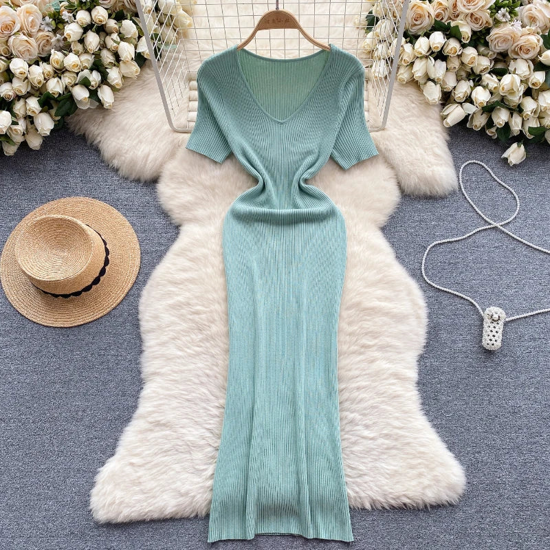 Summer Knit Bodycon Solid Dress for Women Short Sleeve Maxi