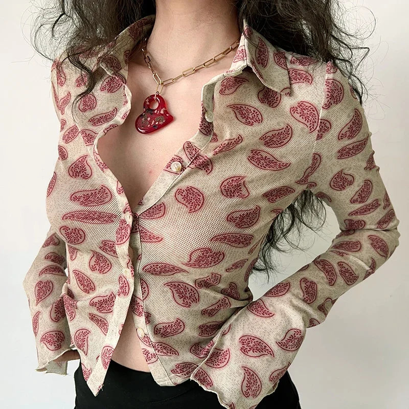 Women Printed Long Sleeve Blouse Turn-Down Collar Button-Up Cardigan Shirt Casual Office Top Vintage Autumn Fashion