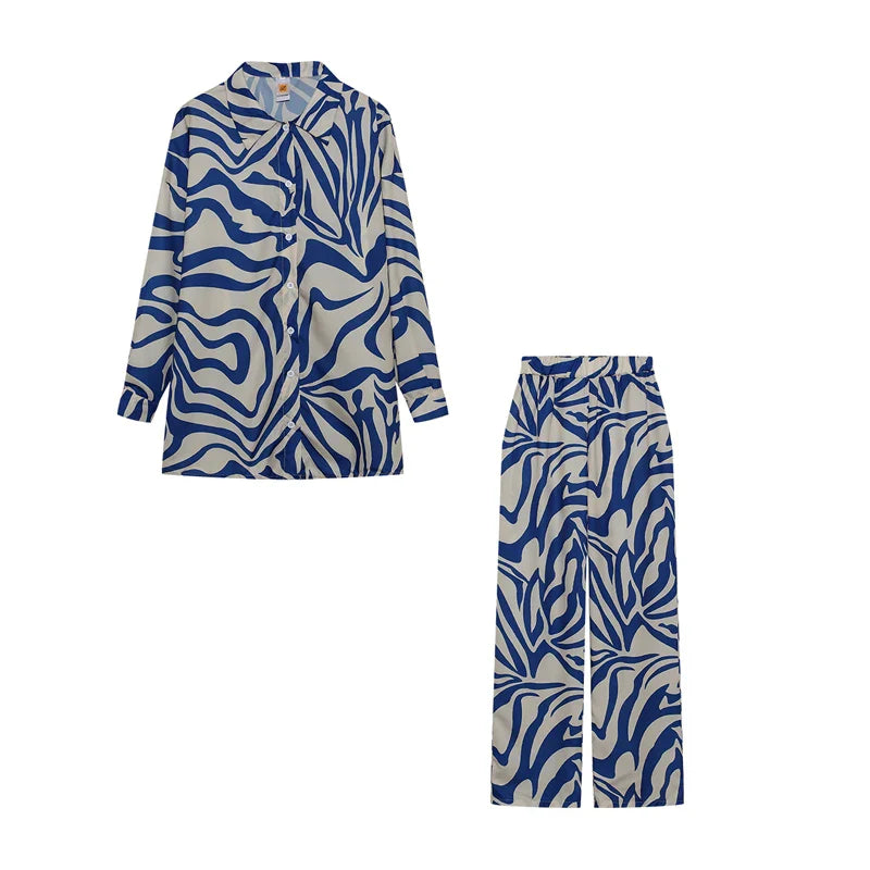 Trendy Print Off Shoulder Shirt and Trouser Set with Long Sleeve Design