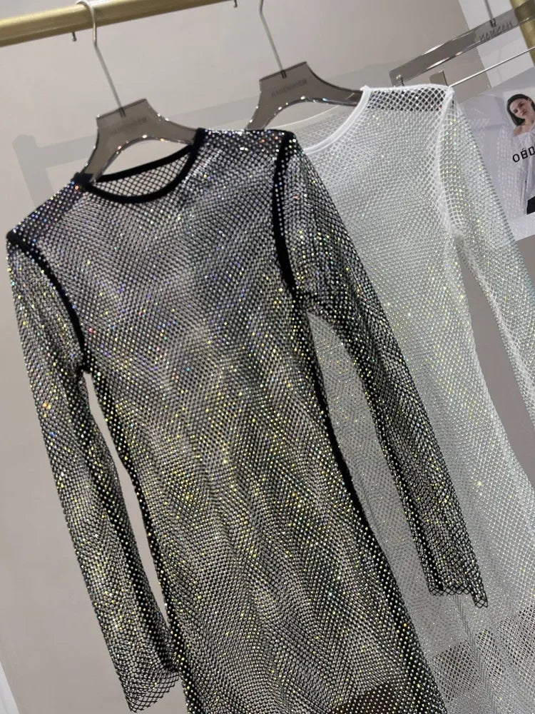 Colorful Sequin Diamond Dress Round Neck Midi Hollow