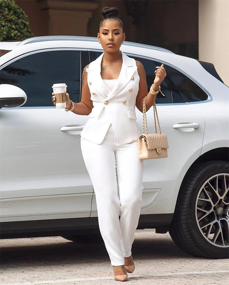 Elegant Women's Two Piece Pant Suit Set with Sleeveless Blazer and Pencil Pants for Office and Business Wear