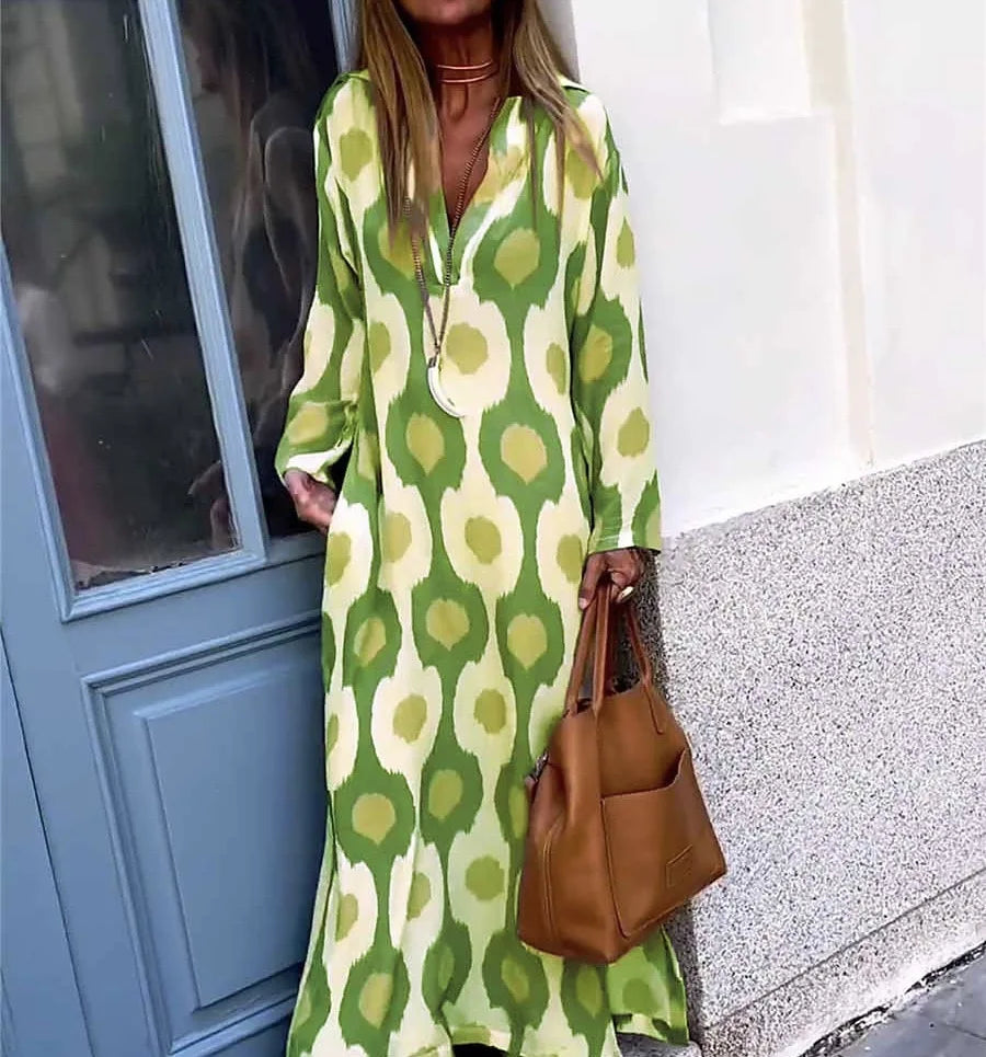 Autumn Winter Long V Neck Printed Dress With Unique Print