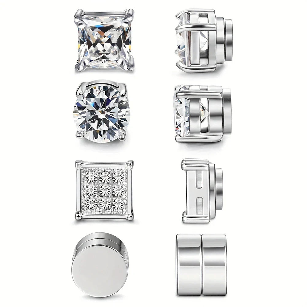 4 Pairs Magnetic Stainless Steel Stud Earrings with Cubic Zirconia Non-piercing Ear Clips for Men