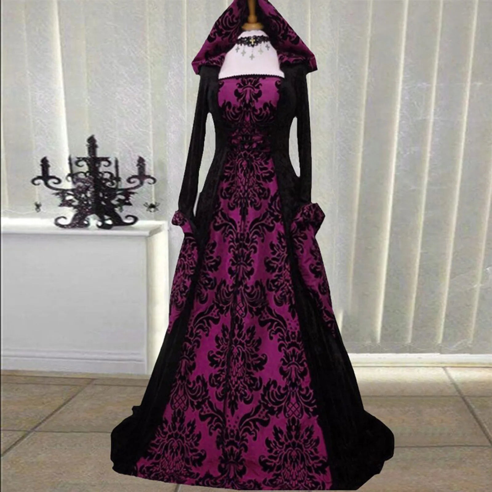 Gothic Hooded Vintage Dress Embroidered Long Sleeve