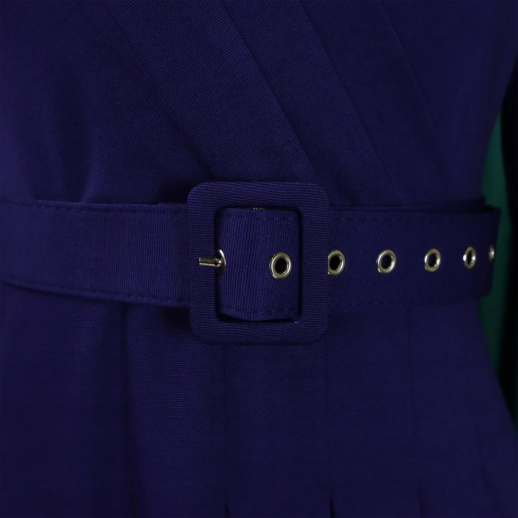 V Neck Office Dress For Women Belted Pleated Mid Calf