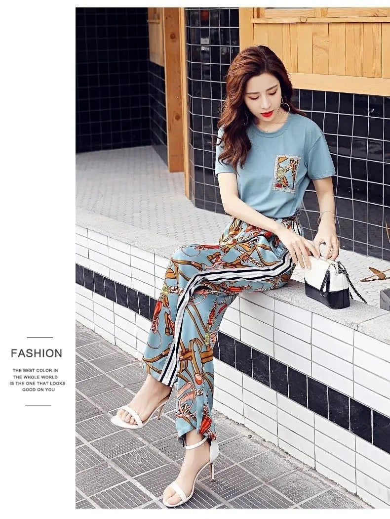 Women's Plus Size Two Piece Suit Set with Short Sleeve Tops and Wide Leg Pants for Casual Summer Fashion