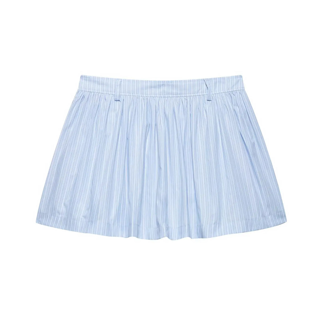 Women's Chic Two-Piece Blue Striped Long Sleeve Shirt and Front Zipper Mini Skirt Set