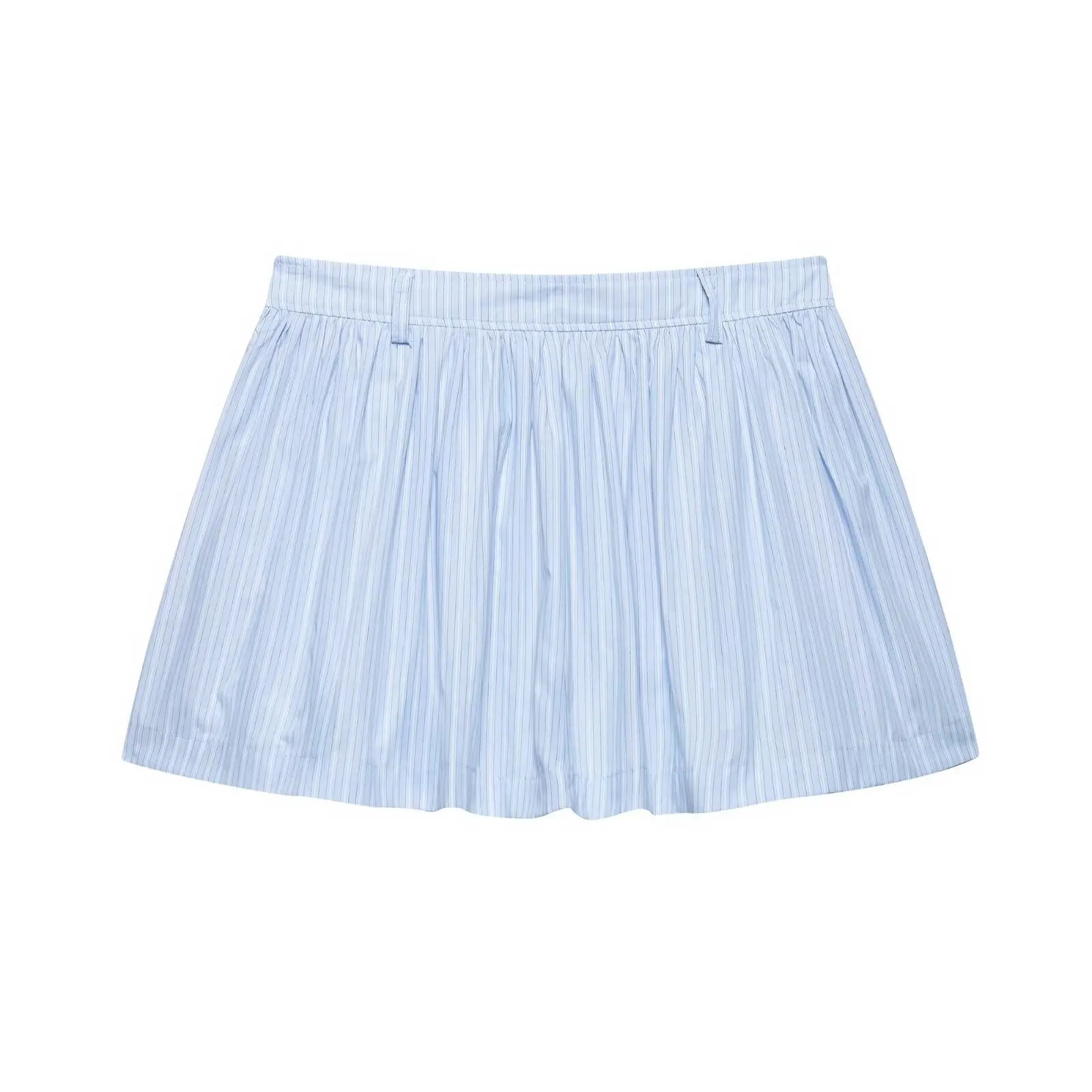 Women's Chic Two-Piece Blue Striped Long Sleeve Shirt and Front Zipper Mini Skirt Set