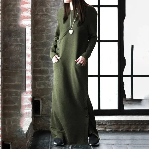 Women Winter Warm Maxi Dress With Fleece Lining Long Sleeve