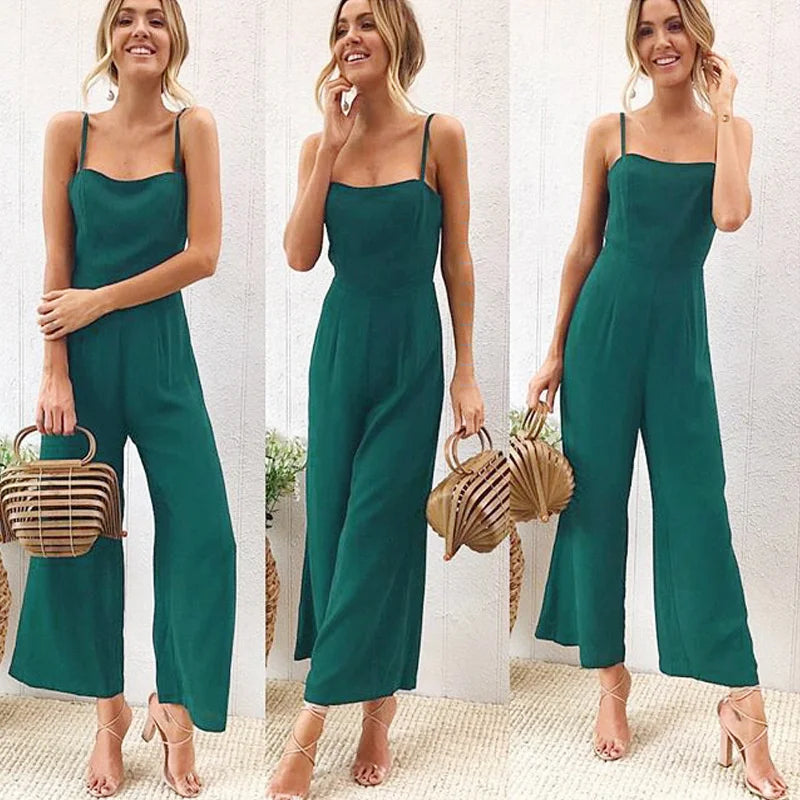 Women Sleeveless Bib Dungarees Jumpsuit Casual Loose Fit Solid Color Wide Leg Overalls with Spaghetti Straps for Autumn