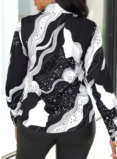 Women's Casual Letter Print Button Front Shirt Long Sleeve Lightweight Top for Spring and Fall