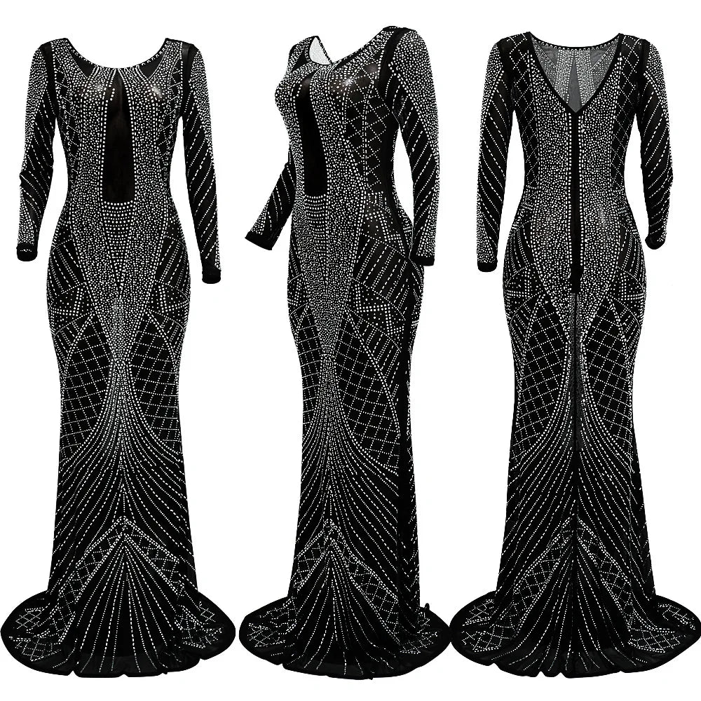 Sexy Mesh Diamond Embellished Maxi Dress for Evening Party