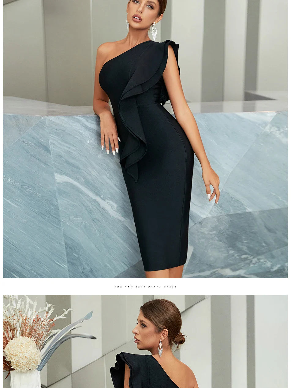 One Shoulder Black Bodycon Bandage Dress Midi For Party