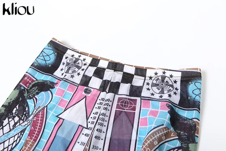 Aesthetic Print Women 2 Piece Set Vintage Hipster Autumn O-neck Full Sleeve Tops and High Waist Pants Clubwear