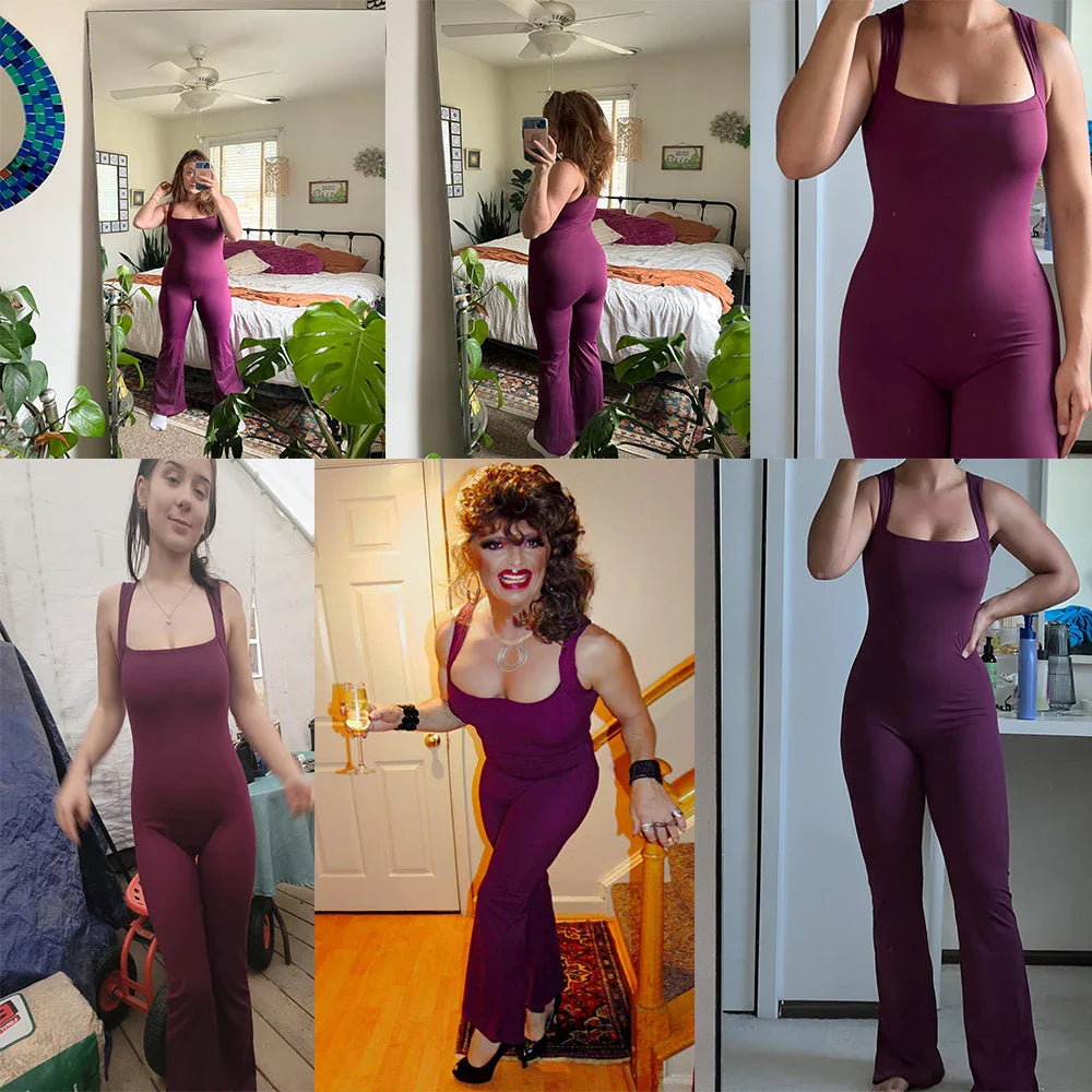 Women's Sleeveless Square Neck Bodysuit with Flared Pants Casual Fitness Jumpsuit Full Season Streetwear Playsuit