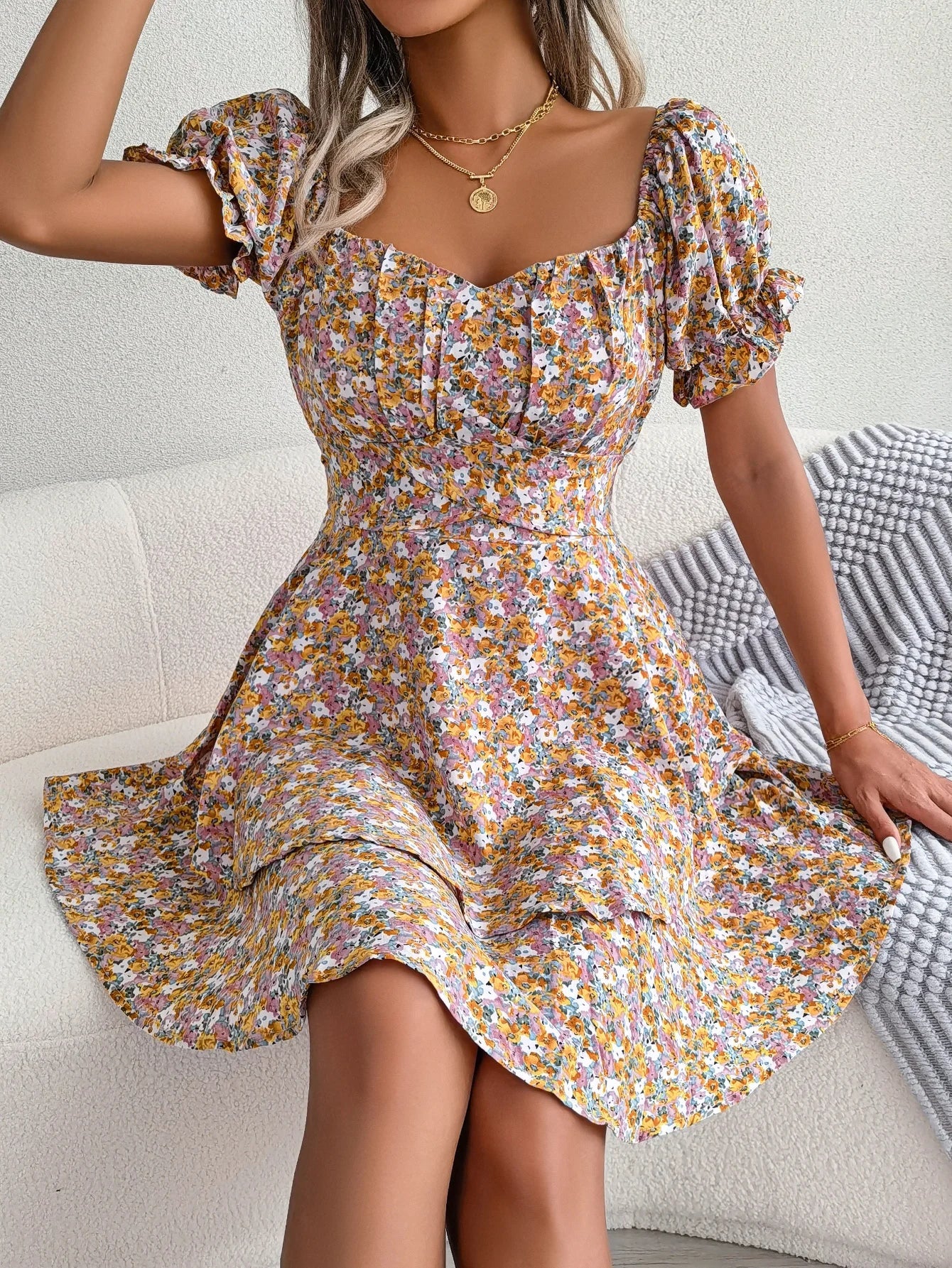 Floral Print Pleated Dress For Women Knee Length Summer