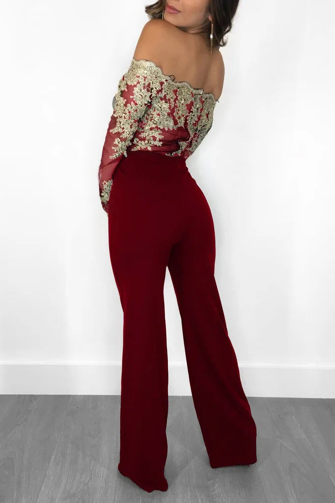 Appliques Lace Patchwork Off Shoulder Jumpsuit for Women with Slash Neck Long Sleeve and Elegant Wide Leg Pants Party Overalls