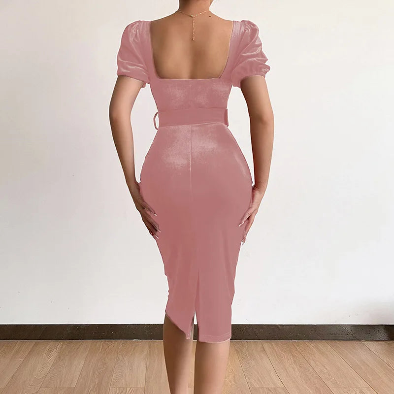 Velvet Wrapped Dress With Low Neck Bubble Sleeves Chic