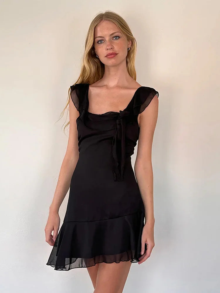 Sexy Tassels Patchwork Chiffon Mini Dress Sleeveless Zipper