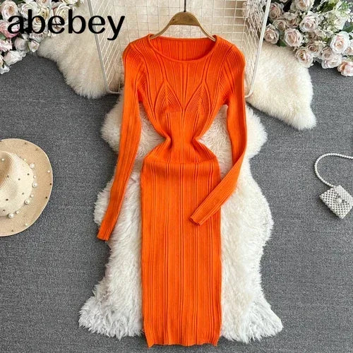 Long Sleeve Knitted Bodycon Dress For Women Autumn Retro