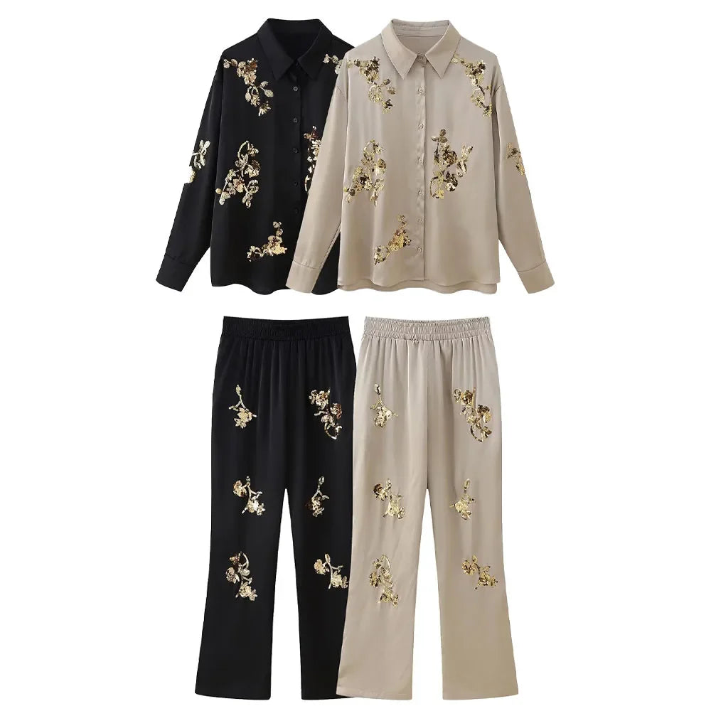 Women's Satin Texture Sequin Embroidered Shirt and High Waist Long Pants Set