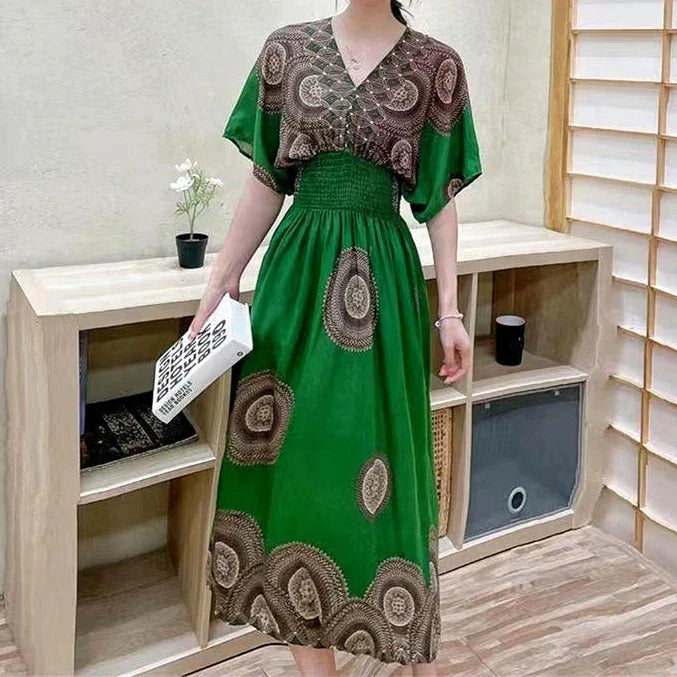 Bohemian Ethnic Print Midi Dress V Neck With Batwing Sleeves