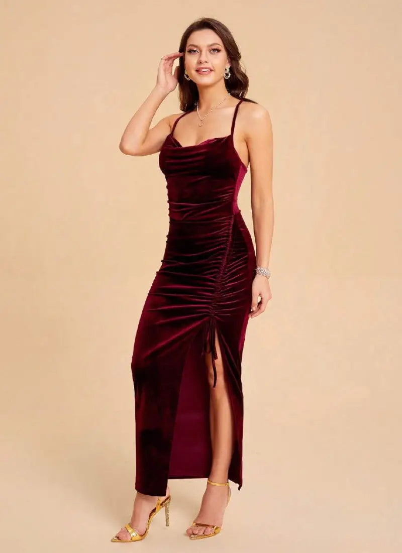 Sexy Velvet Suspender Dress With Side Slit Drawstring