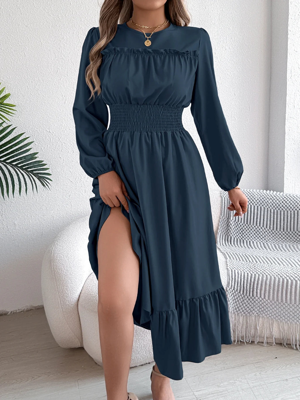 Elegant Long Sleeve Dress With Cinched Waist Solid Color